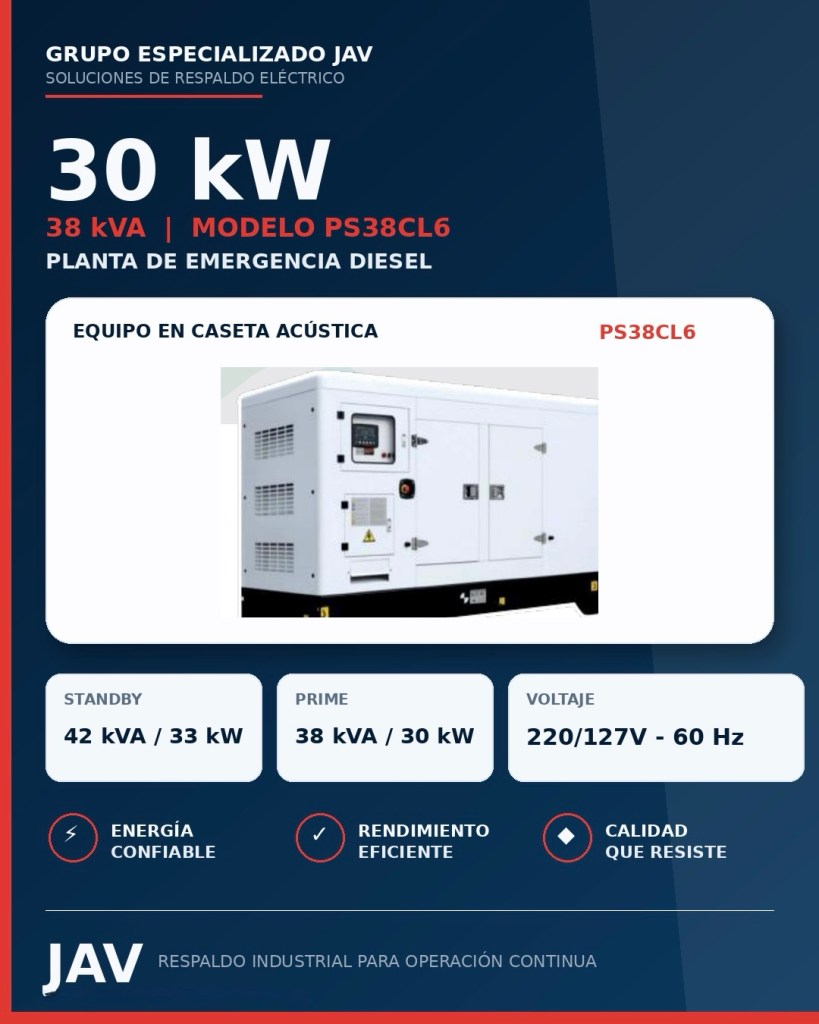 Generador diésel de 30 kW en caseta acústica, modelo PS38CL6, con especificaciones de energía confiable y eficiente.