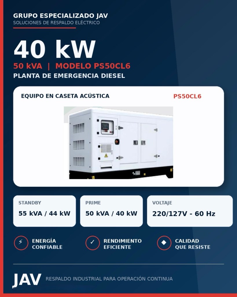 Imagen de una planta de emergencia diesel en caseta acústica, modelo PS50CL6, con especificaciones de 40 kW y 50 kVA. Incluye detalles sobre energía confiable, rendimiento eficiente y voltaje de 220/127V.