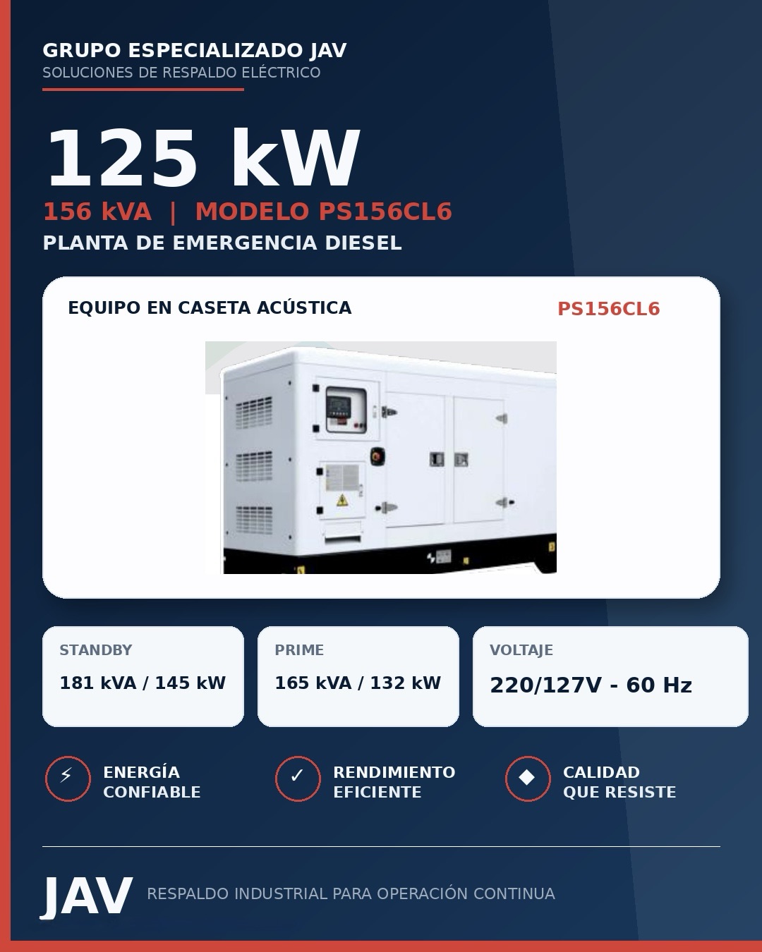Imagen de una planta de emergencia diésel de la marca JAV, modelo PS156CL6, con especificaciones de potencia de 125 kW y 156 kVA, en una caseta acústica, diseñada para respaldo eléctrico.
